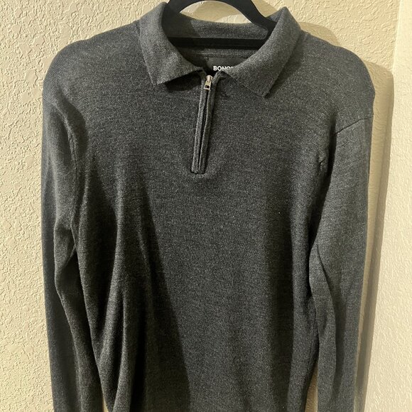 Bonobos 100% Extra Fine Merino Wool Long-Sleeve Quarter Zip Dark Gray Polo Shirt - Picture 1 of 4